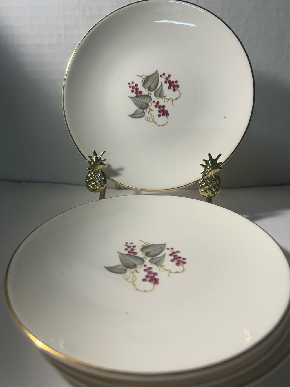 Elegant White Porcelain Dessert Plates with Gold Trim and Berry Motif Vintage